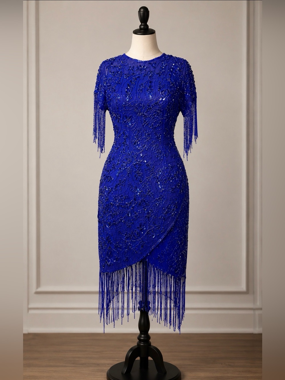 Vintage Royal Blue 100% Silk Beaded Fringe Cocktail Dress Gatsby Old Money